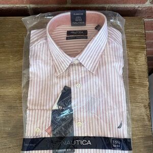 Nautica Men's Classic Ocean Washed Coral/White Striped Button Down Dress Shirt